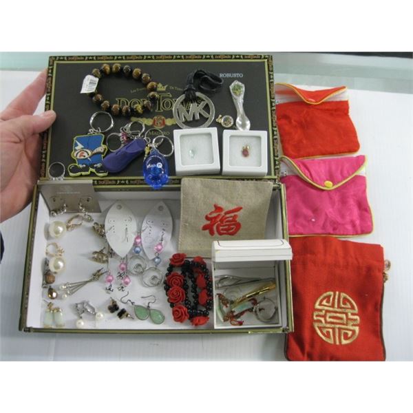 CIGAR BOX W/ASST. JEWELLERY, ETC.