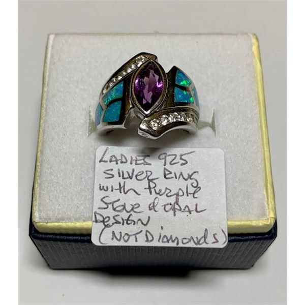 LADIES .925 SILVER RING W/PURPLE STONE & OPAL DESIGN (NOT DIAMONDS), SZ 5 1/2