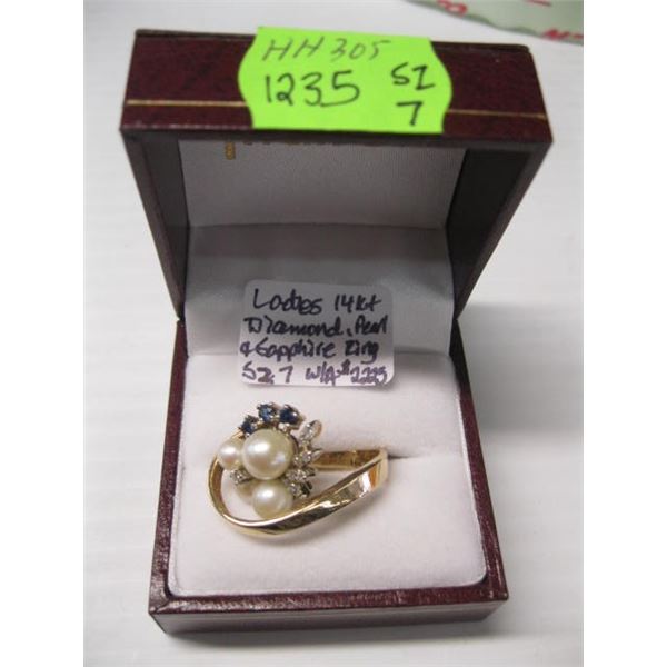 LADIES 14KT DIAMOND, PEARL & SAPPHIRE RING W/A $2,225, SZ 7