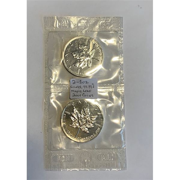 2001 2 - 1 OZ .999 FINE SILVER 'MAPLE LEAF' COINS (TAX EXEMPT)