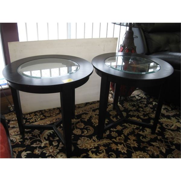 PAIR OF ROUND GLASS TOP END TABLES