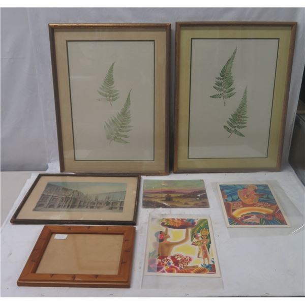 Multiple Artwork: Framed Leaf Prints, Street Scene, Menu Covers Unframed, etc Misc Sizes