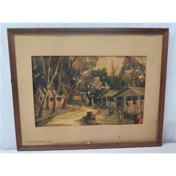 Cabins in the Woods Artwork Signed Jack Stout Jr 5/63, Wood Framed (water damage)