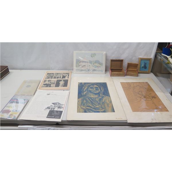 Multiple Unframed Artwork, Newspaper Clippings, Wooden Boxes, etc