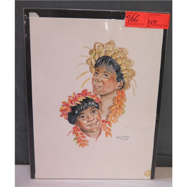 Hawaiian Keiki Artwork Signed by Artist Betty P. Kelly 1988, Unframed 11"x14"