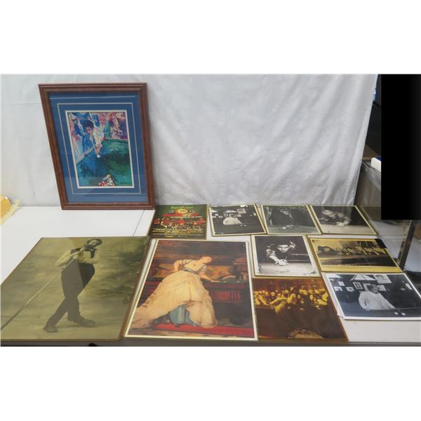 Qty 11 Billiards Artwork & Photos, 1 Framed, Misc Sizes