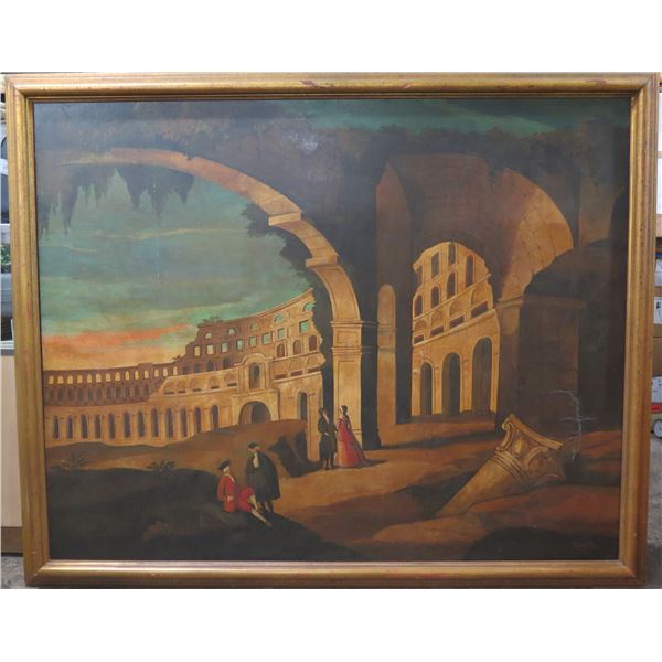 Very Large Framed Roman Colosseum Artwork on Canvas, Signed Rovath 66"x54" (canvas damaged)