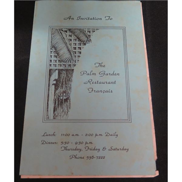 Palm Garden Restaurant Francais Lunch & Dinner Menu 11"x5.5"