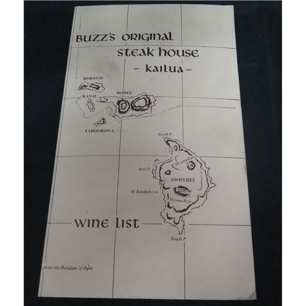 Buzz's Original Steak House Kailua Wine List w/ Island Chart 12 x6 