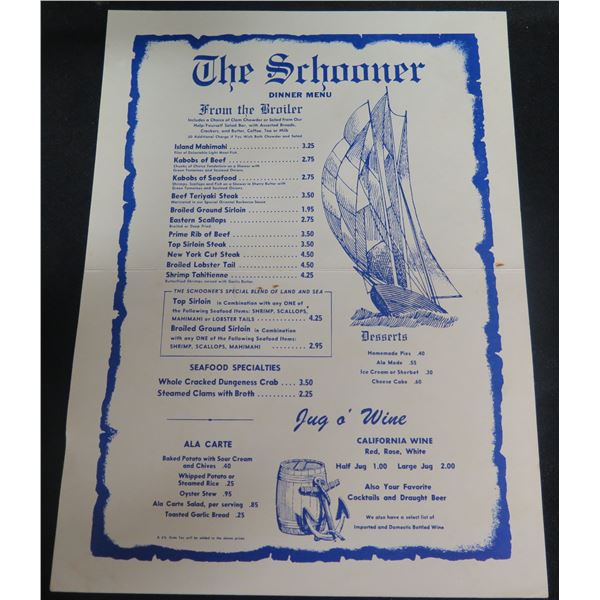 The Schooner Steaks, Prime Rib & Seafood Dinner Menu 10 x7 