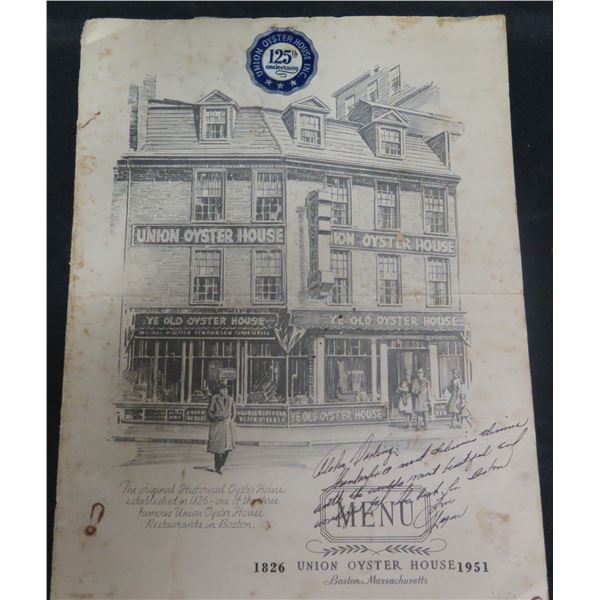 Union Oyster House 1826-1951 125th Anniversary Menu, Signed 18"x12"