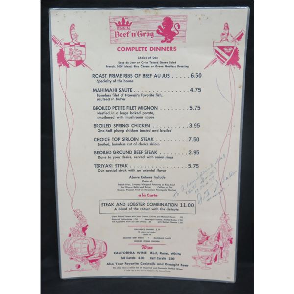 Waikiki Beef & Grog Complete Dinner Menu, Signed, 12"x17"