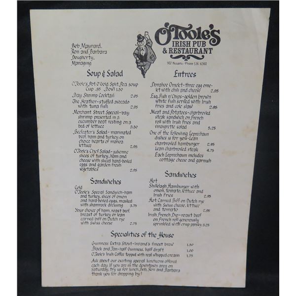 O'Toole's Irish Pub & Restaurant Menu w/ Beethoven's Fifth Bio 11"x9"