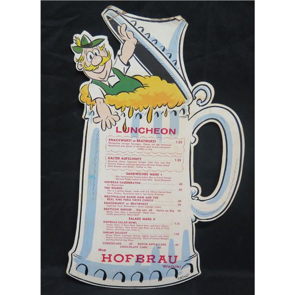 The Hofbrau Waikiki Luncheon Menu Stein Shape 9"x15"