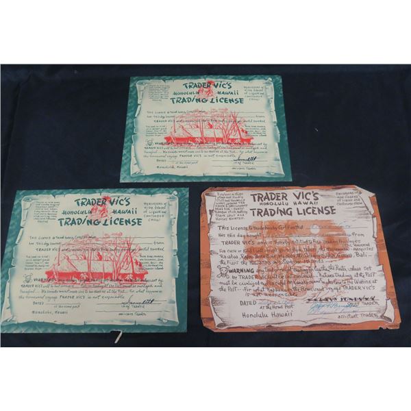 Qty 3 Trader Vic's Honolulu Hawaii Trading License Dated 1951, Signed 11 x9 