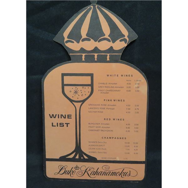 Duke Kahanamoku's Waikiki Wine List English & Japanese, Bottle Shaped 8 x11 