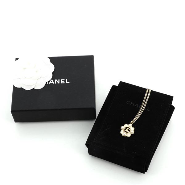 Chanel CC Logo Square Pendant Necklace Metal with Enamel and Faux Pearls Gold