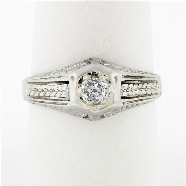 Antique Art Deco Engraved 18k White Gold 0.32 ctw Mine Cut Diamond Solitaire Rin