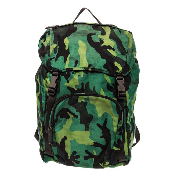 Prada Green Printed Camo Tessuto Large Front Pocket Double Buckle Backpack