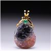 Image 1 : Chinese Carved Bicolor Tourmaline Pendant with 18k Yellow Gold & Emerald Mount