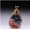 Image 3 : Chinese Carved Bicolor Tourmaline Pendant with 18k Yellow Gold & Emerald Mount