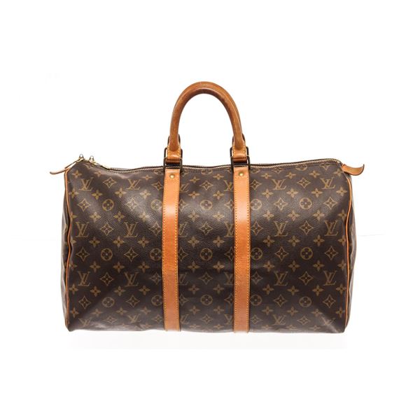 Louis Vuitton Brown Monogram Canvas Leather Keepall 45 Travel Bag