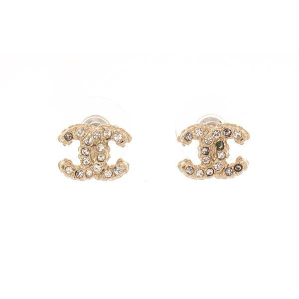 Chanel Gold Metal Crystal Stud CC Rhinstone Earrings