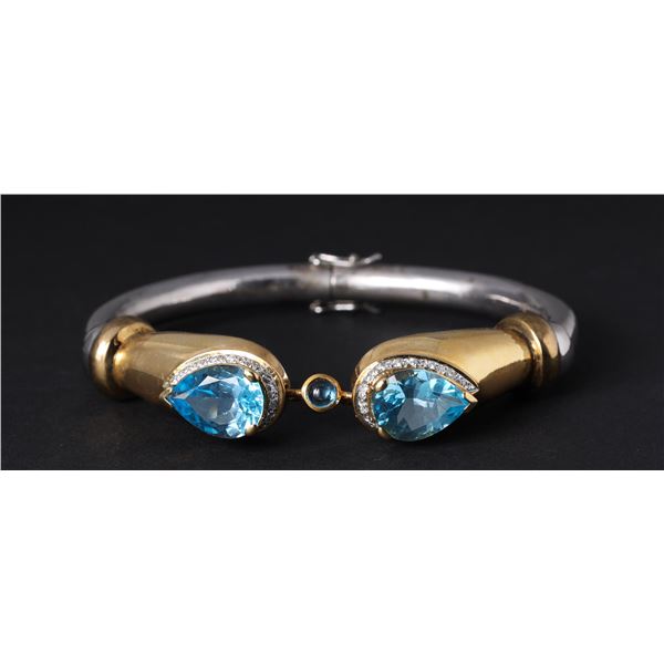 Sterling Silver, 14K Yellow Gold & Blue Topaz Split Bracelet