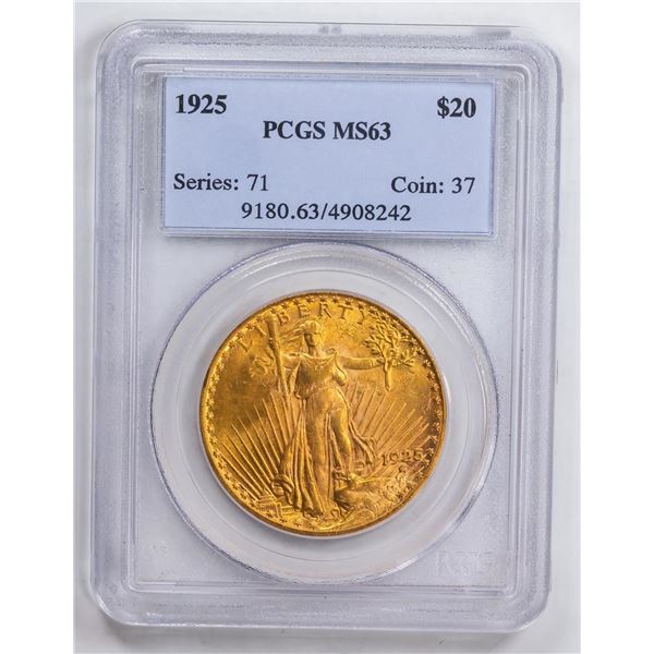 1925 $20 Double Eagle Gold Coin PCGS MS63