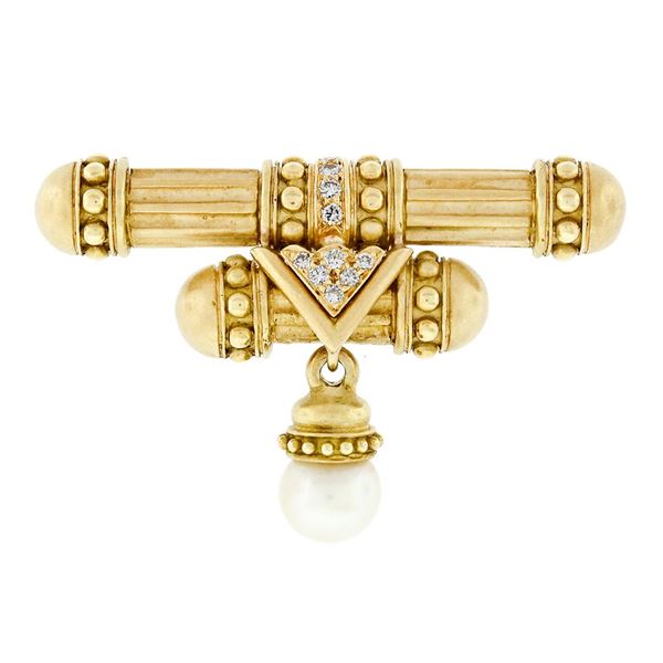 Vintage 18K Gold Diamond Matte Finish Dual Column Bar Brooch & Pearl Bead Dangle