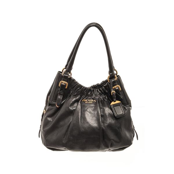 Prada Black Soft Calfskin Leather Gathered Shoulder Bag