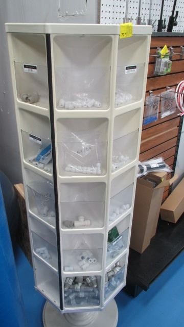 Spinning Inventory Rack SPINNING RACK W/ASST'D SMALL PLASTIC FITTINGS - Dodds Auction