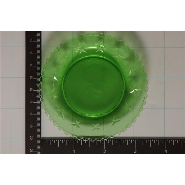 ABRAHAM LINCOLN GLASS PLATE, GREEN IN COLOR 3 1/2'