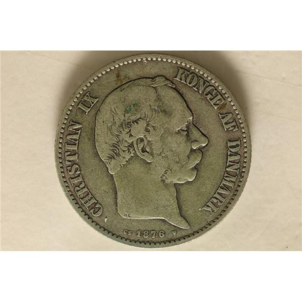 1876 DENMARK SILVER 2 KRONER .3858 OZ. ASW