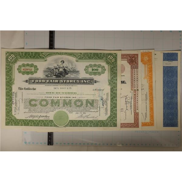 4 VINTAGE STOCK CERTIFICATES: 1950 FOOD FAIR