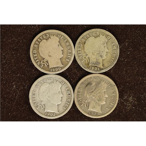 1900-S, 01-O, 02-O & 1903-O SILVER BARBER DIMES