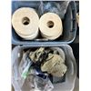 Image 1 : 2 TOTES OF DRY WALL TAPE, TOOLS, ETC