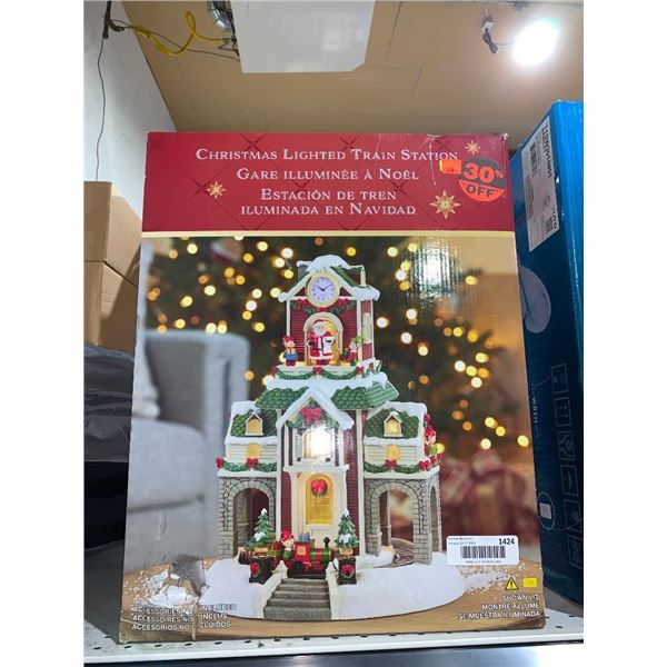 Christmas lighted train station