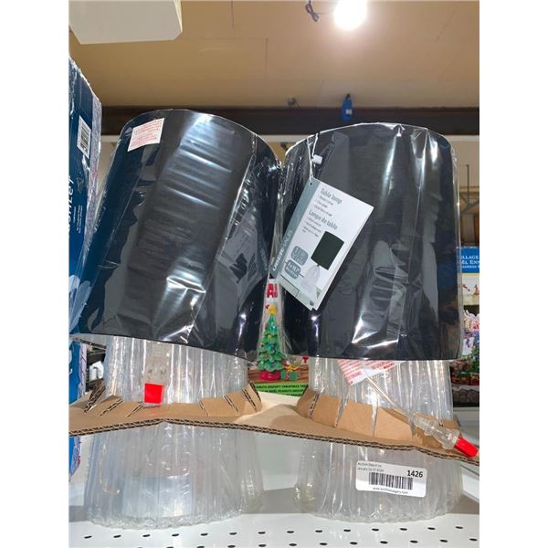 Lot of 2 table lamps clear glass and black fabric shade