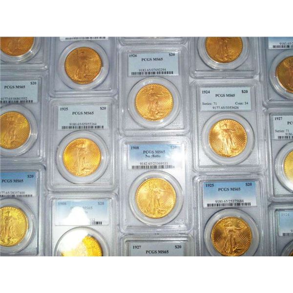 Ten (10) $20 Saint Gaudens Gold PCGS MS65