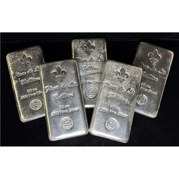 (5) 50 ozt Bar Fleur De Lis Bullion .999 Fine Silver