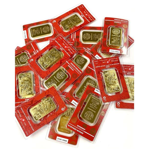 (5) Carded 2024 Year Of The Dragon 1 ozt .9999 Gold Bar