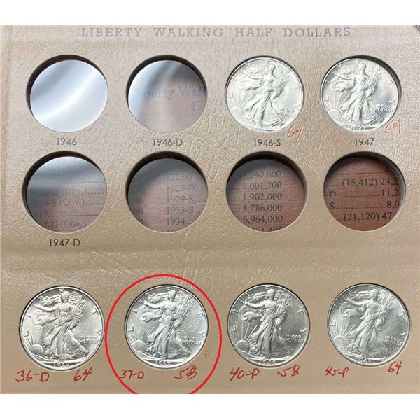 1937 Walking Liberty Silver Half Dollar AU58
