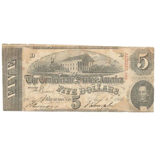 1863/1864 The Confederate States Of America Richmond $5 Note