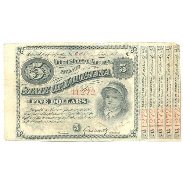 1880's United States Of America Bond Of The State Of Louisiana $5 Note