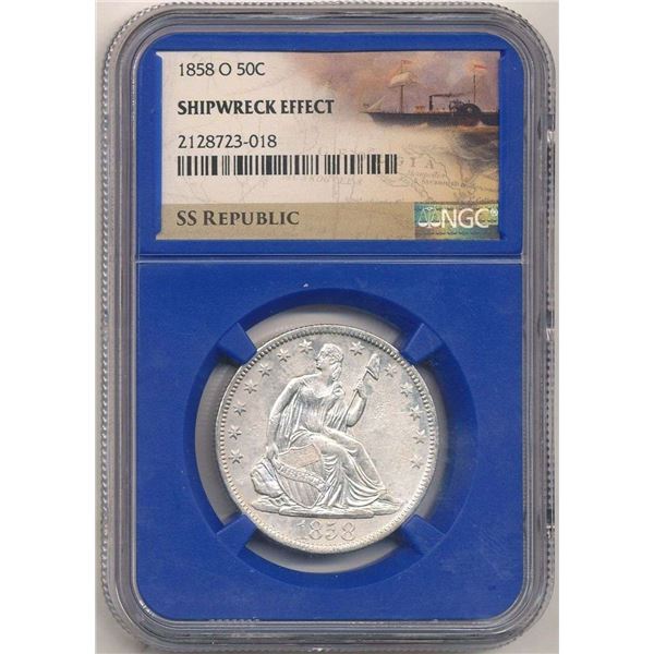 1858-O Seated Liberty Silver Half Dollar NGC SS Republic Shipwreck Effect MS62 Details
