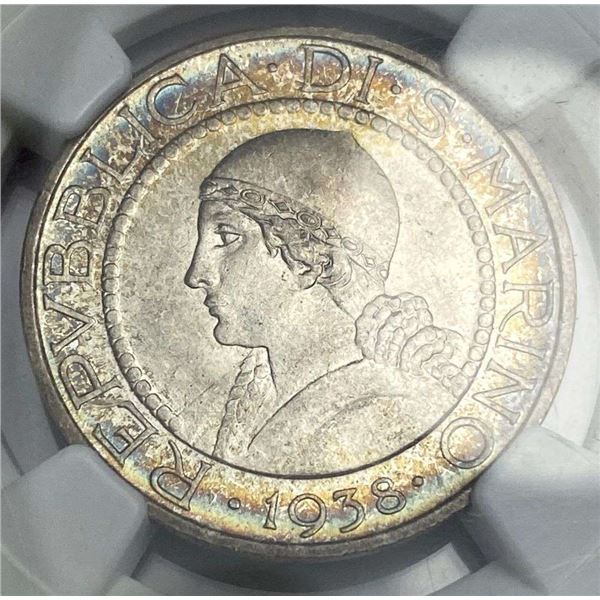 Toned 1938R San Marino Silver 5 Lire NGC MS65
