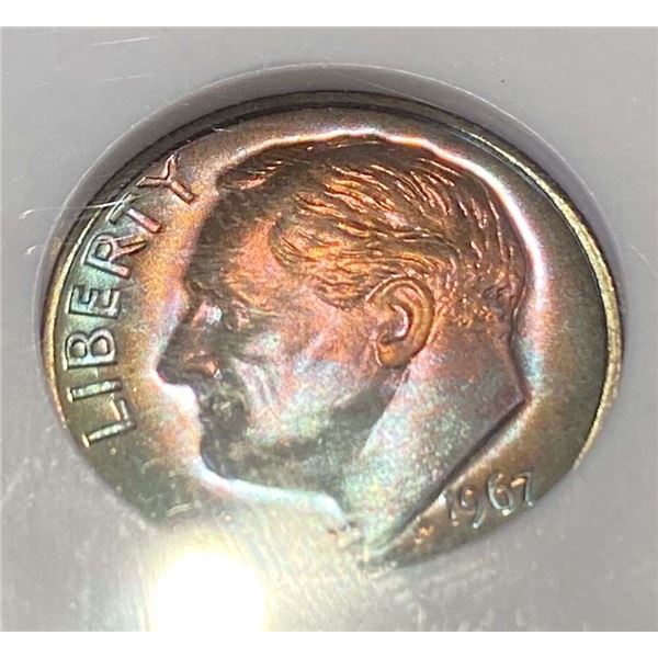 Electric Rainbow Coloring 1967 Roosevelt Dime SMS NGC MS66