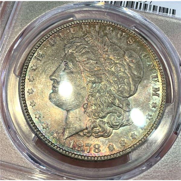 Monster Double Sided Rainbow 1878 7TF Rev. 78 Morgan Silver Dollar PCGS MS64