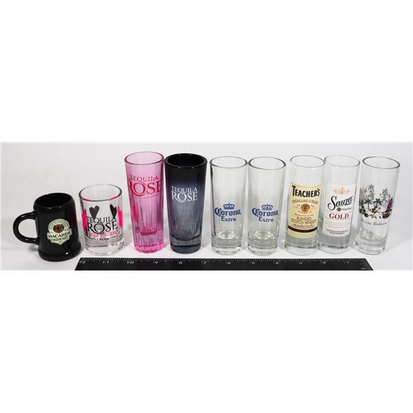 LOT OF SHOT GLASSES INCLUDES TEQUILA ROSE GLASSES,